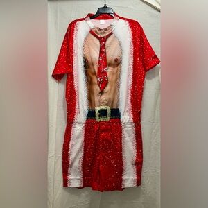 NWOT Sexy Fake muscle print w tie Ugly Christmas Male Zip Up Romper wi pockets